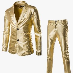Men's 2 Pieces Shiny Suit Night Club Metallic Moto Style Blazer Suits 2 Button